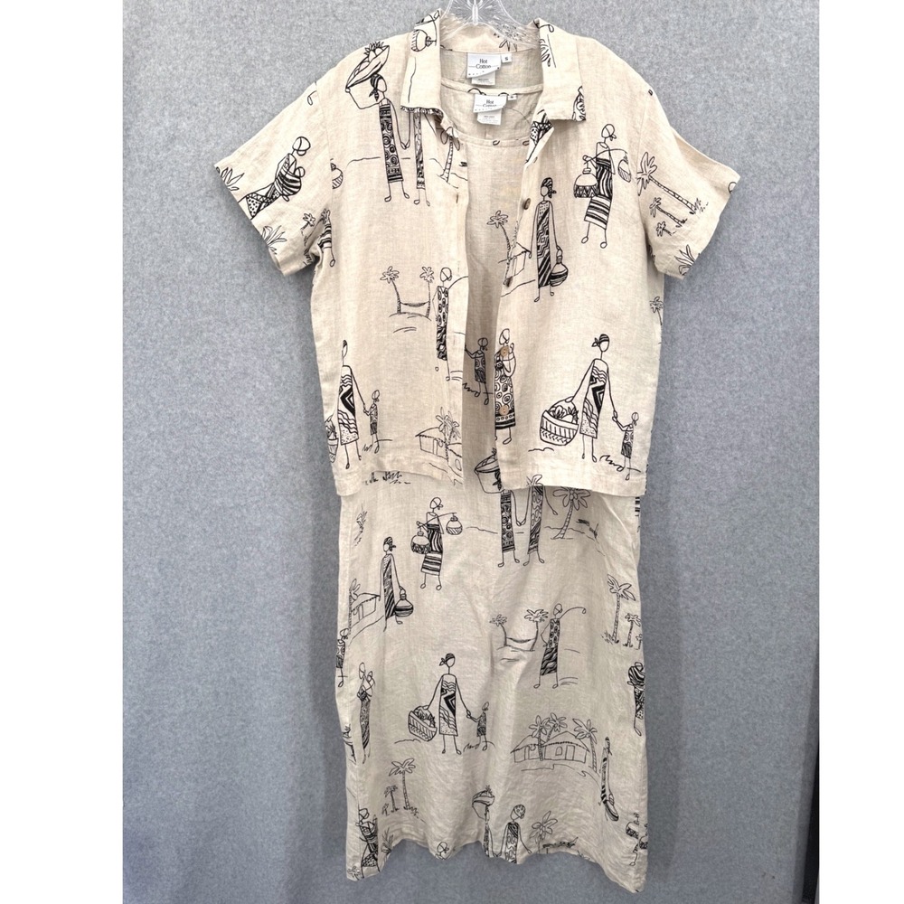 Hot Cotton Marc Ware Dress Set Women S Beige Linen Tribal Print 2 Piece Shirt